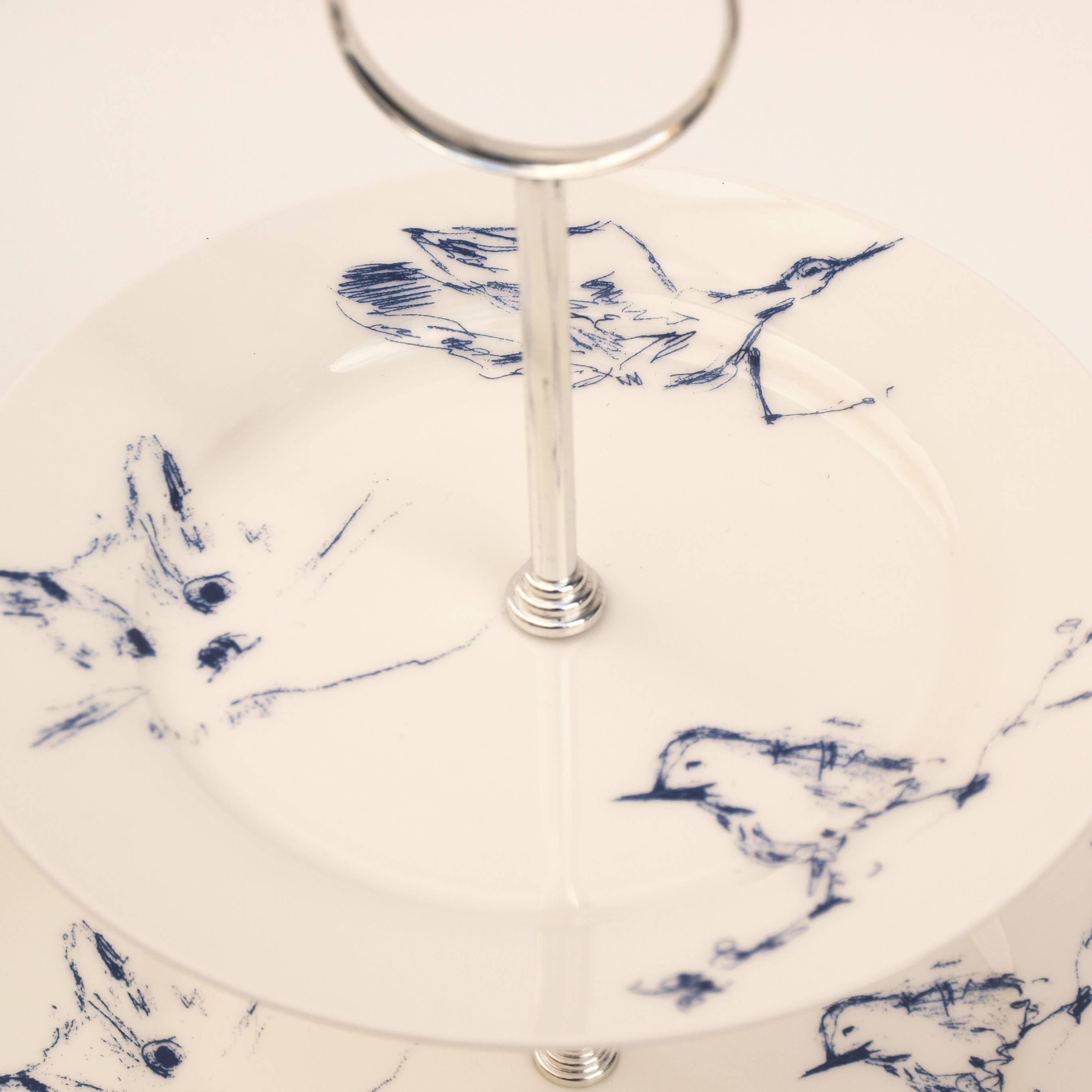 British Signed Tracey Emin Bone China Cake Stand, 'Docket and His Bird' Collection
