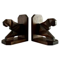 French Art Deco Rare Cubist Carved Wood Bookends of Lions