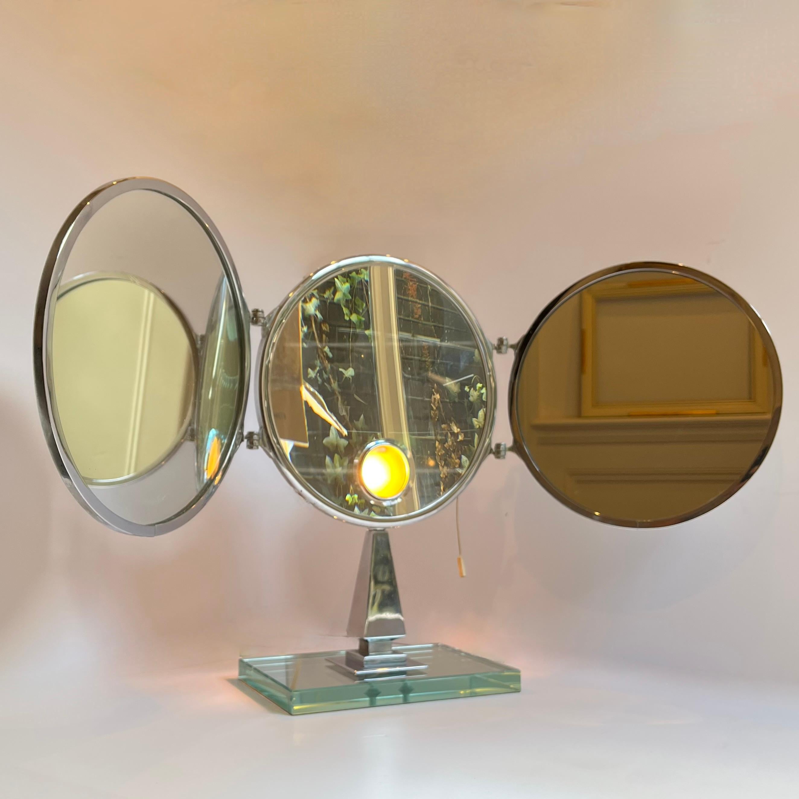 Nickel Brot Mirophar Triptych Illuminated Magnifying Vanity Mirror by Brot circa 1940 For Sale
