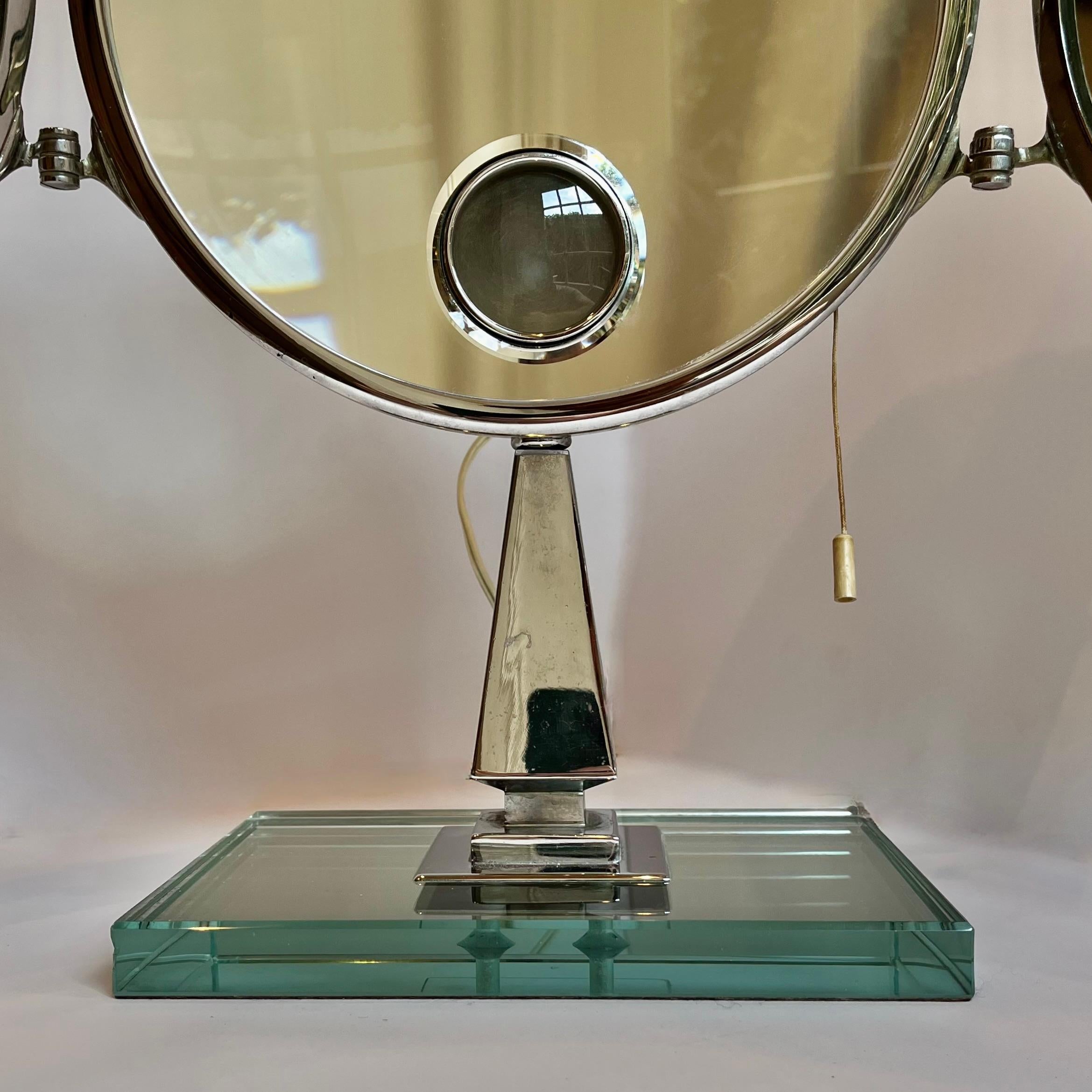 Brot Mirophar Triptych Illuminated Magnifying Vanity Mirror by Brot circa 1940 In Good Condition For Sale In CA, CA