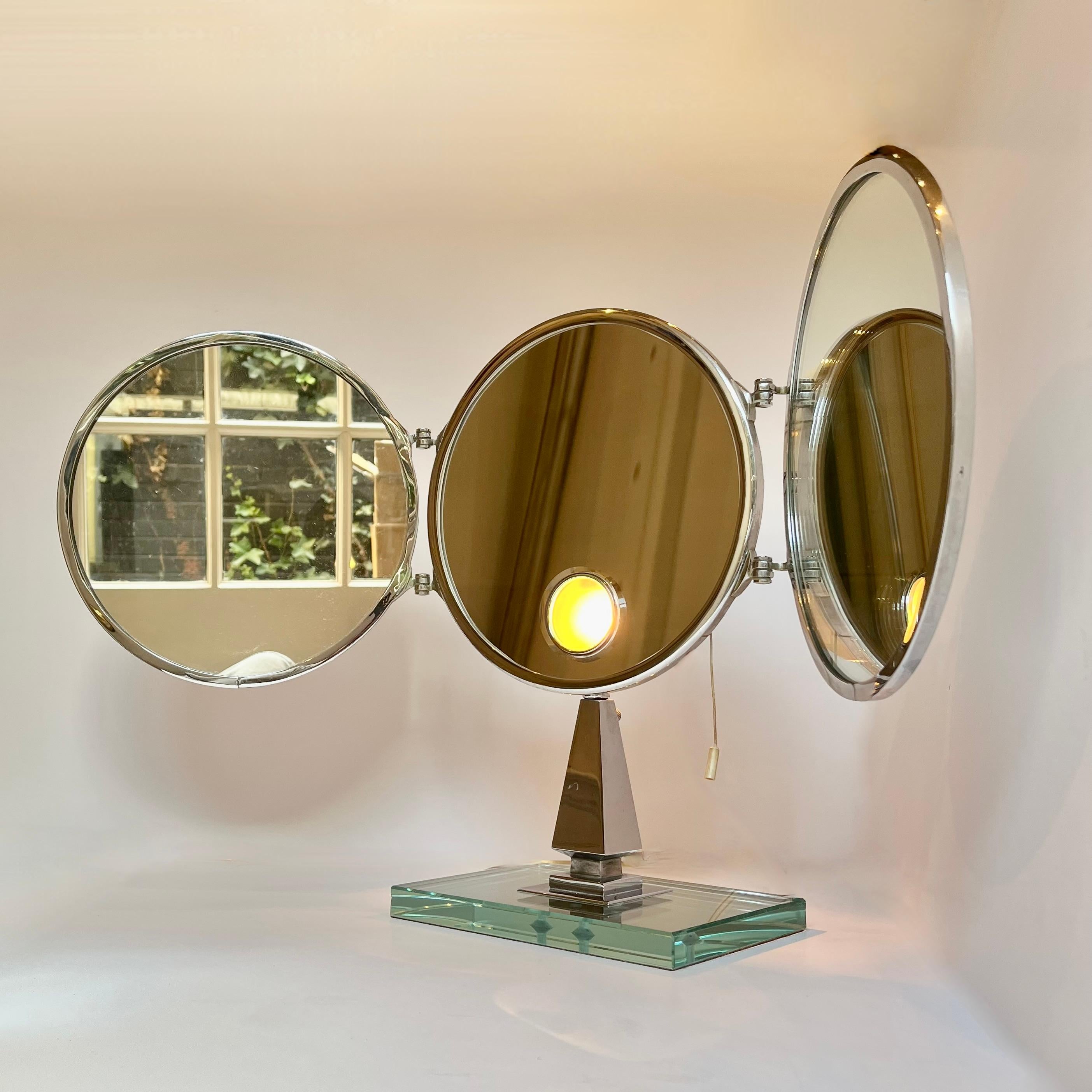 Mid-20th Century Brot Mirophar Triptych Illuminated Magnifying Vanity Mirror by Brot circa 1940 For Sale