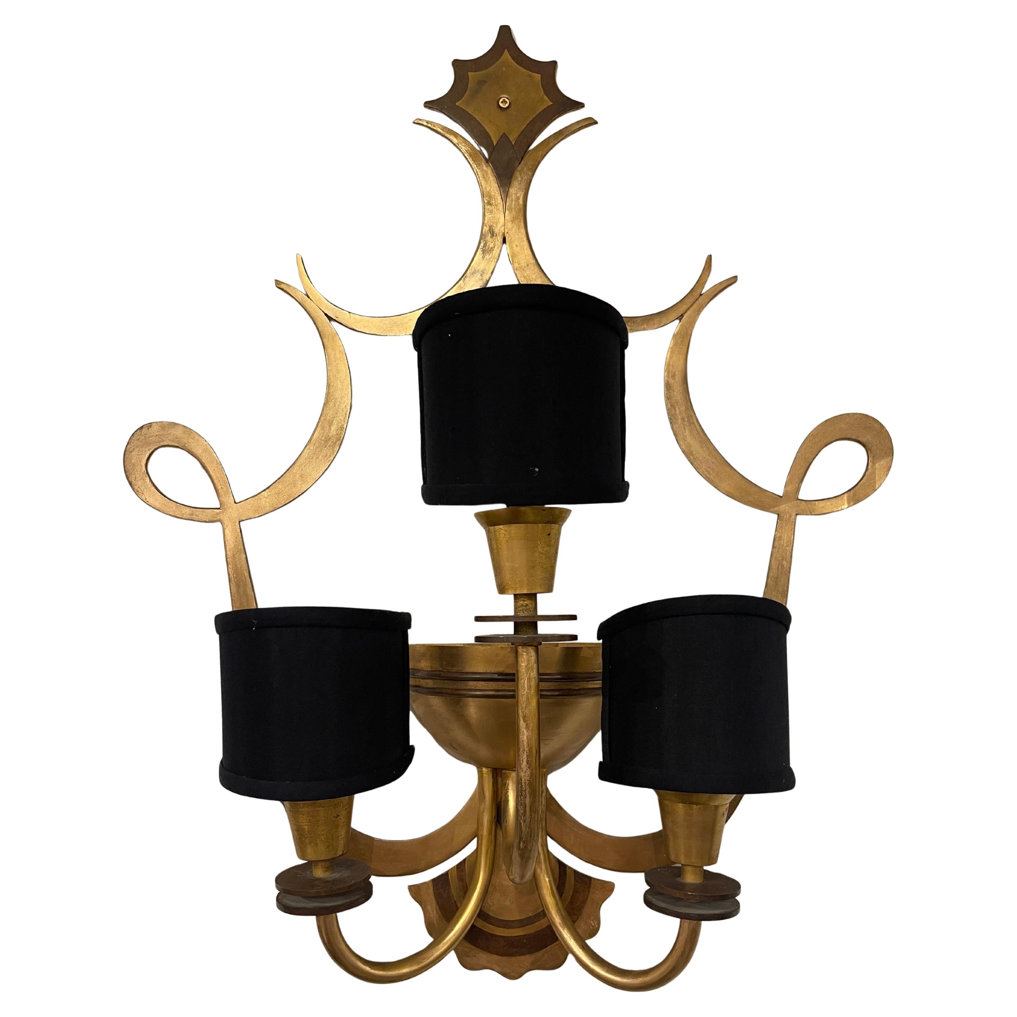 French Large Pair of Three Armed Bronze Wall Lights circa 1940 For Sale