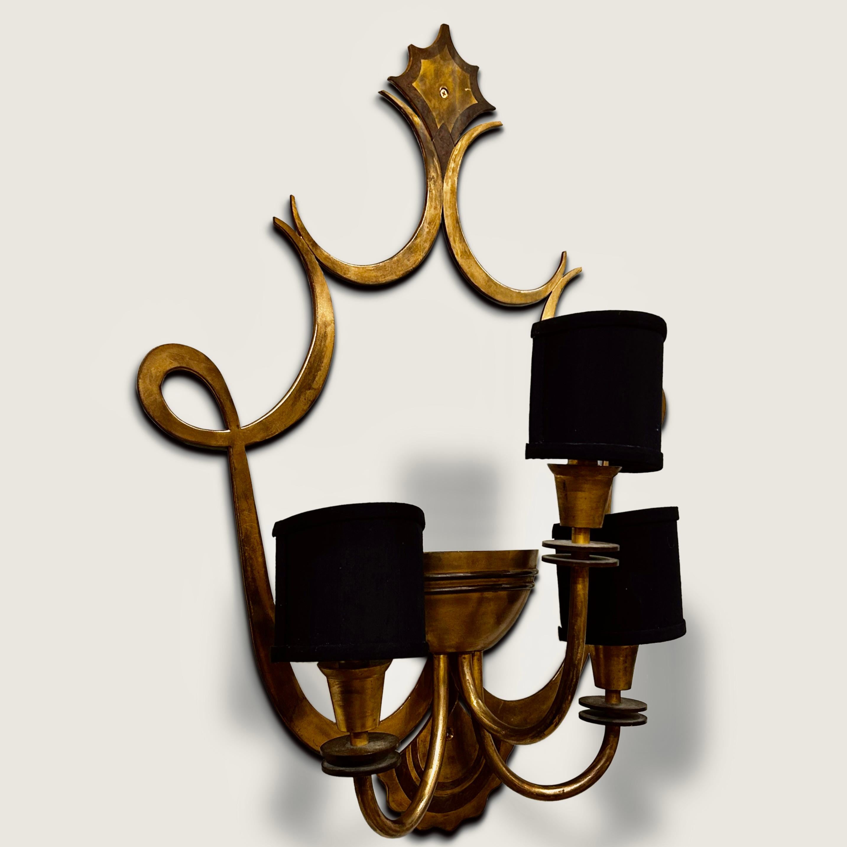 French Large Pair of Three Armed Bronze Wall Lights circa 1940 In Good Condition For Sale In CA, CA