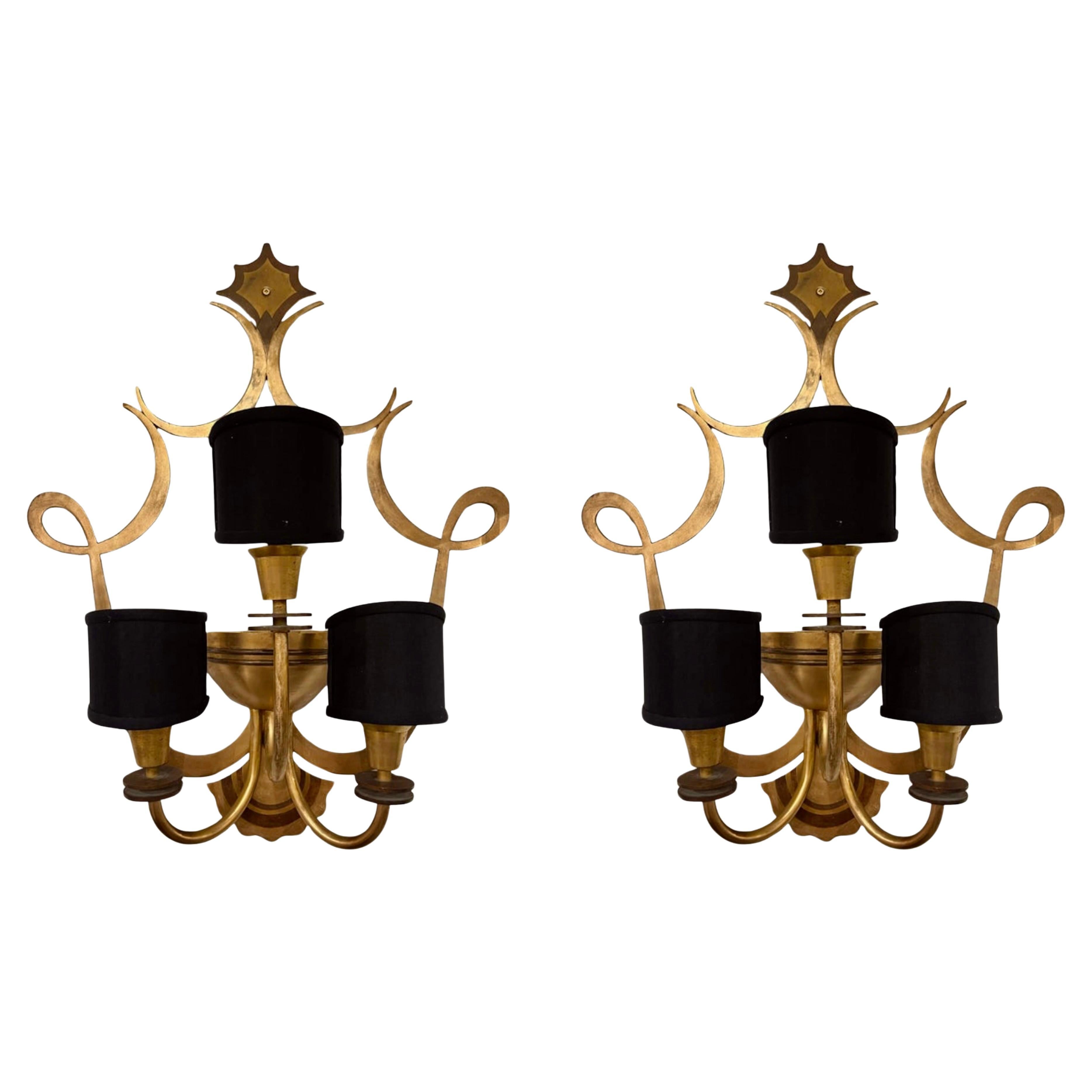 French Large Pair of Three Armed Bronze Wall Lights circa 1940 For Sale