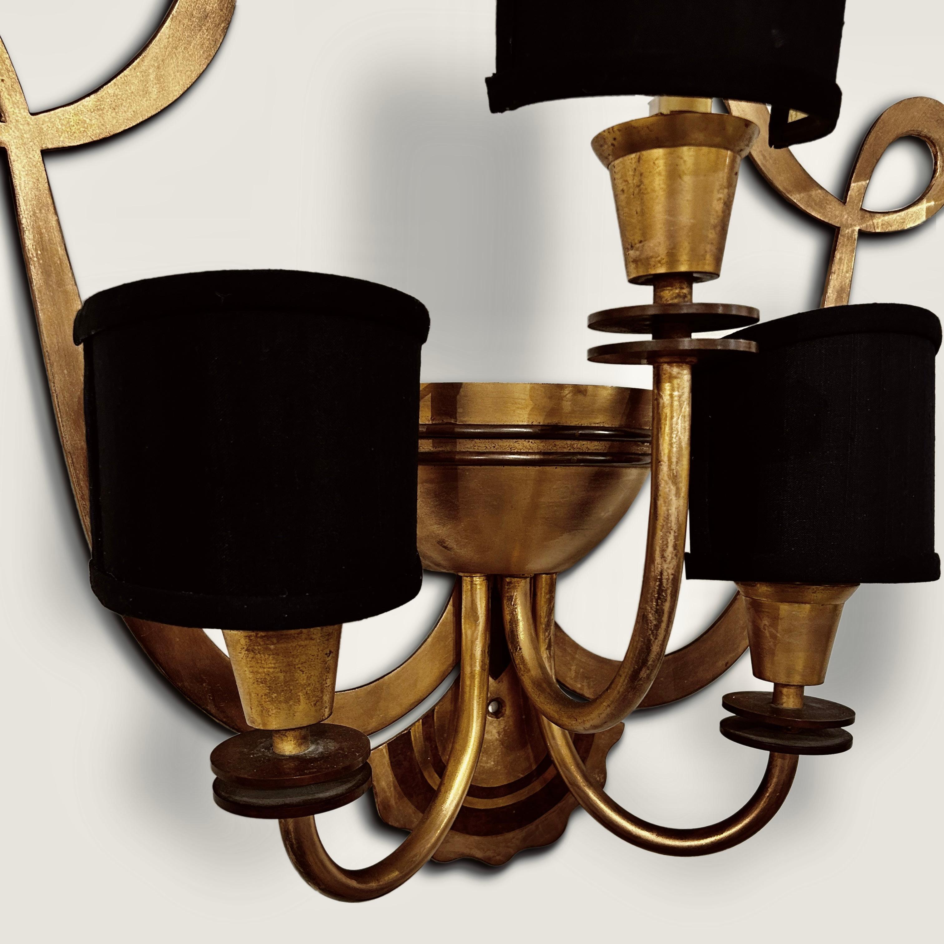French Large Pair of Three Armed Bronze Wall Lights circa 1940 In Good Condition For Sale In CA, CA