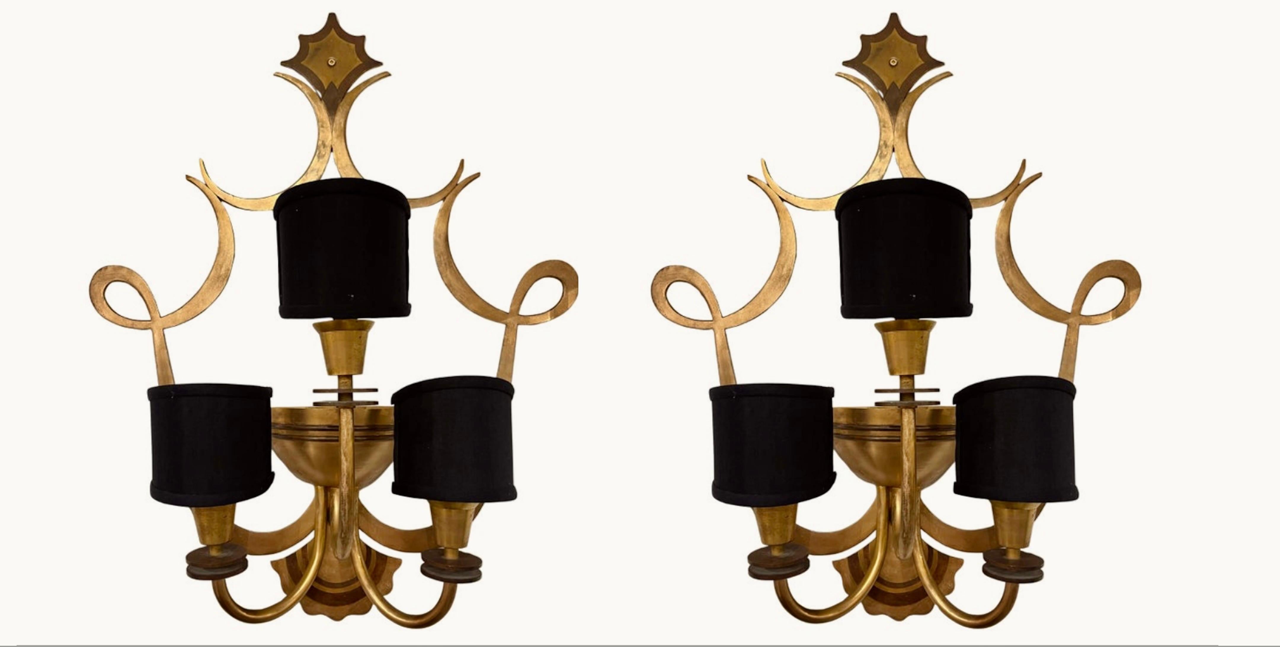 French Large Pair of Three Armed Bronze Wall Lights circa 1940 For Sale 1