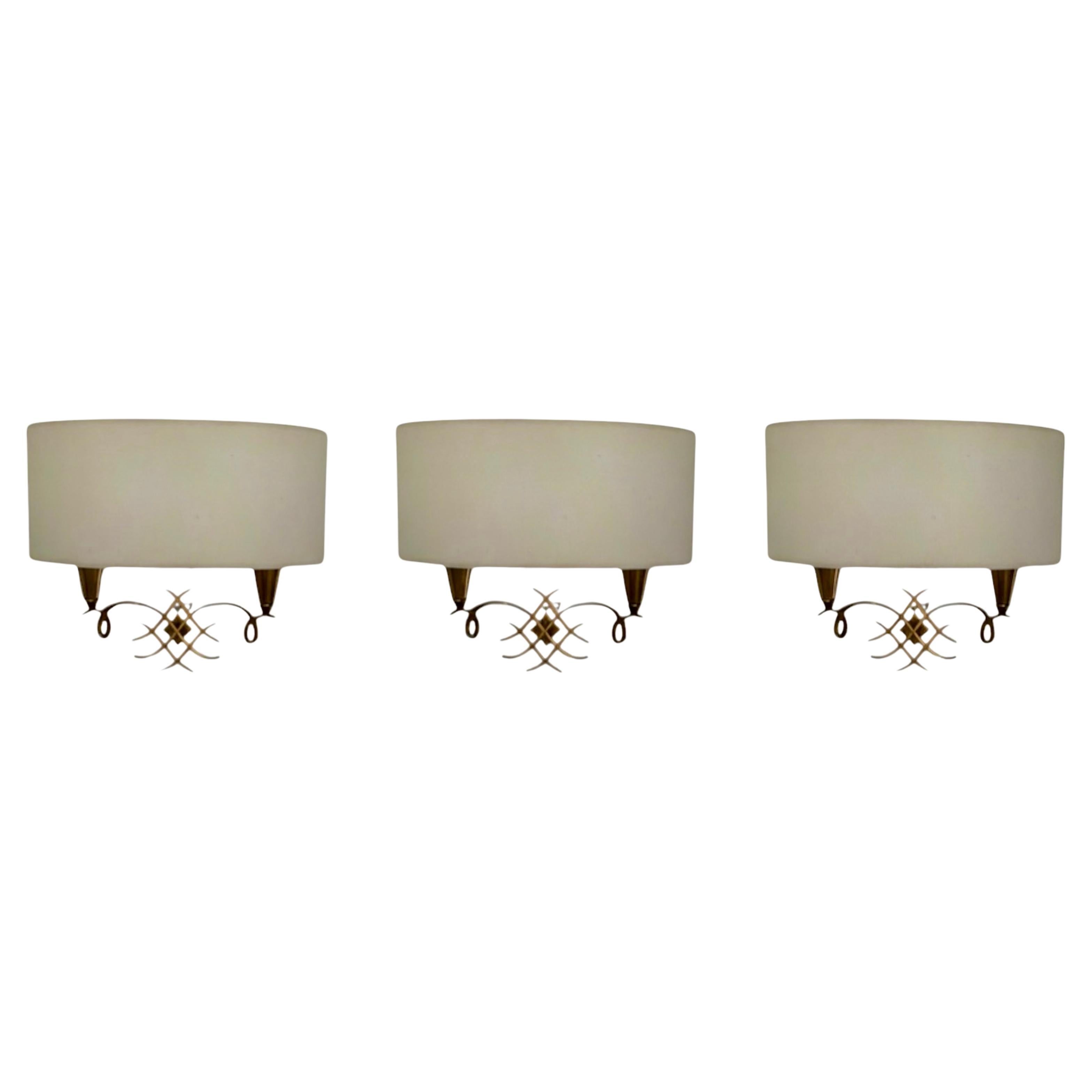 Jules Leleu Set of 3 Wall Sconces with Shades