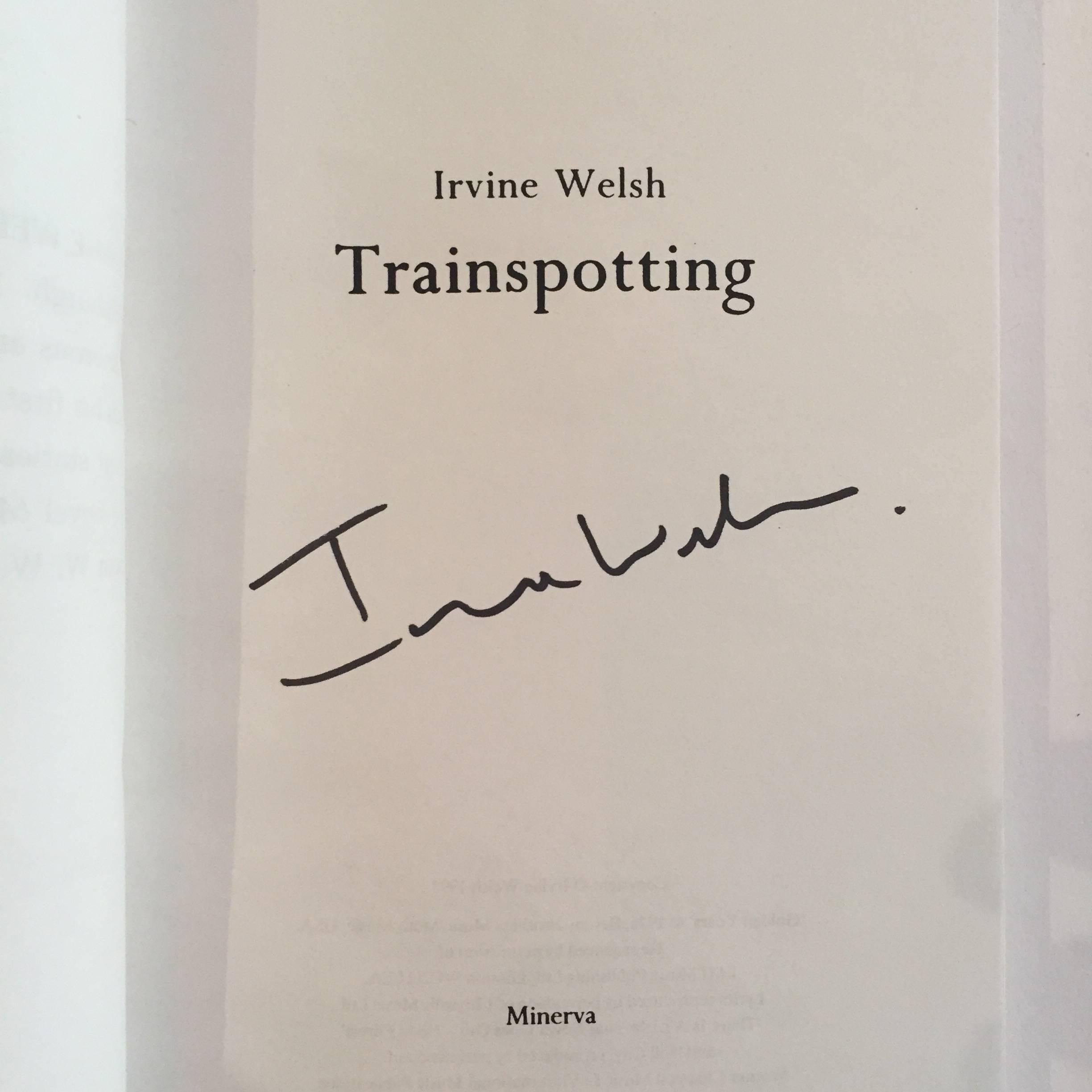 Signed edition, uncorrected proof, paper back, published by Norton, 1996, softcover.

Trainspotting; Irvine Welsh’s first novel, is a collection of short stories that follow the narrative of heroin addict Mark Renton and his friends attempts to