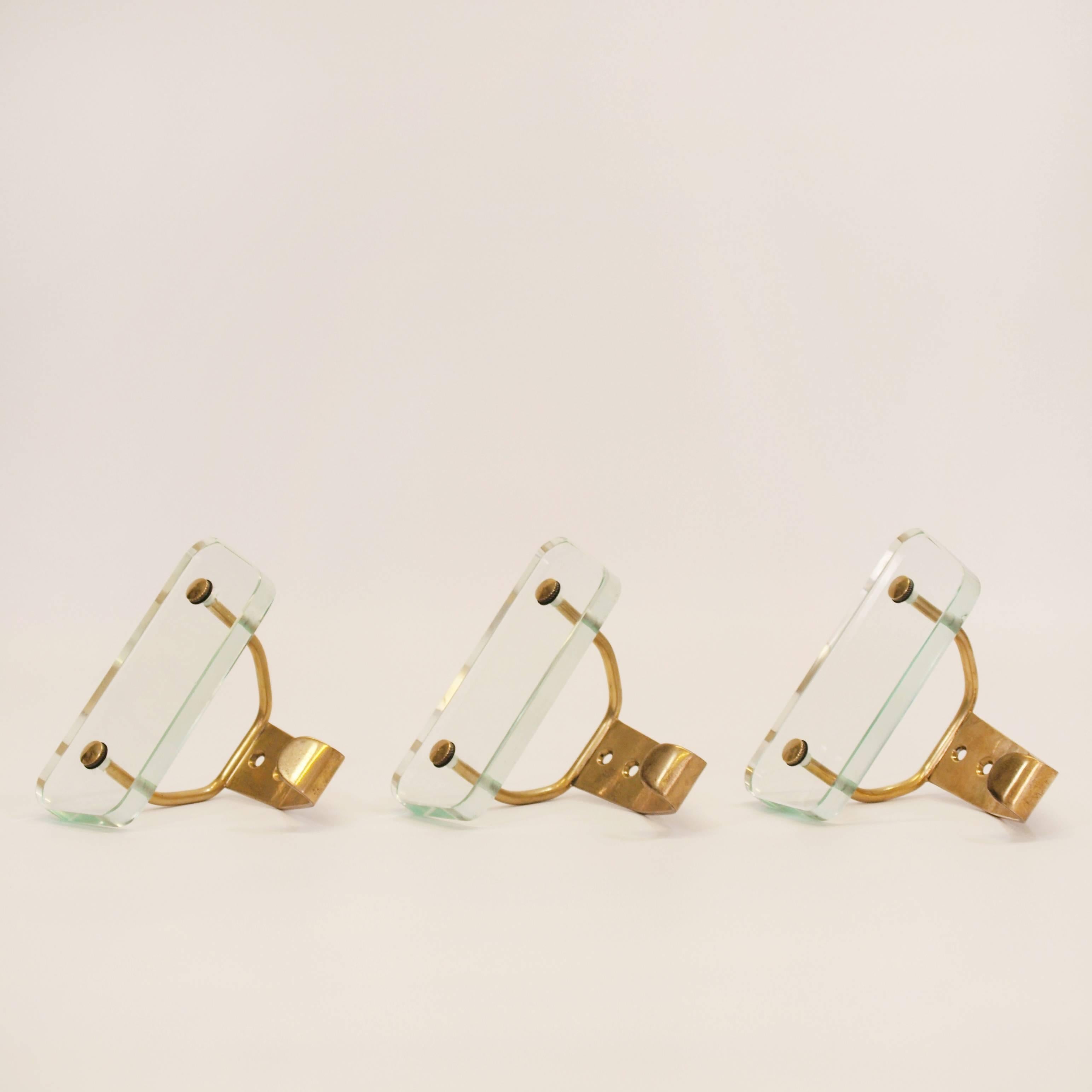 20th Century  Brass and Glass Wall Hooks Attributed to Fontana Arte
