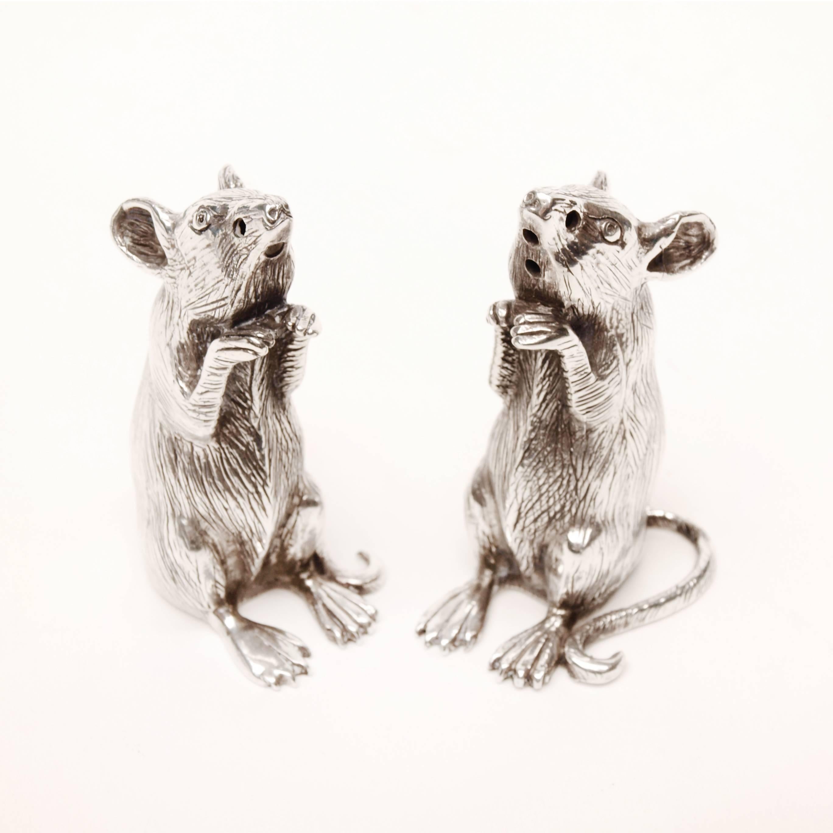 British Pair of Sterling Silver Mice Salt and Pepper Pots, Francis Howard