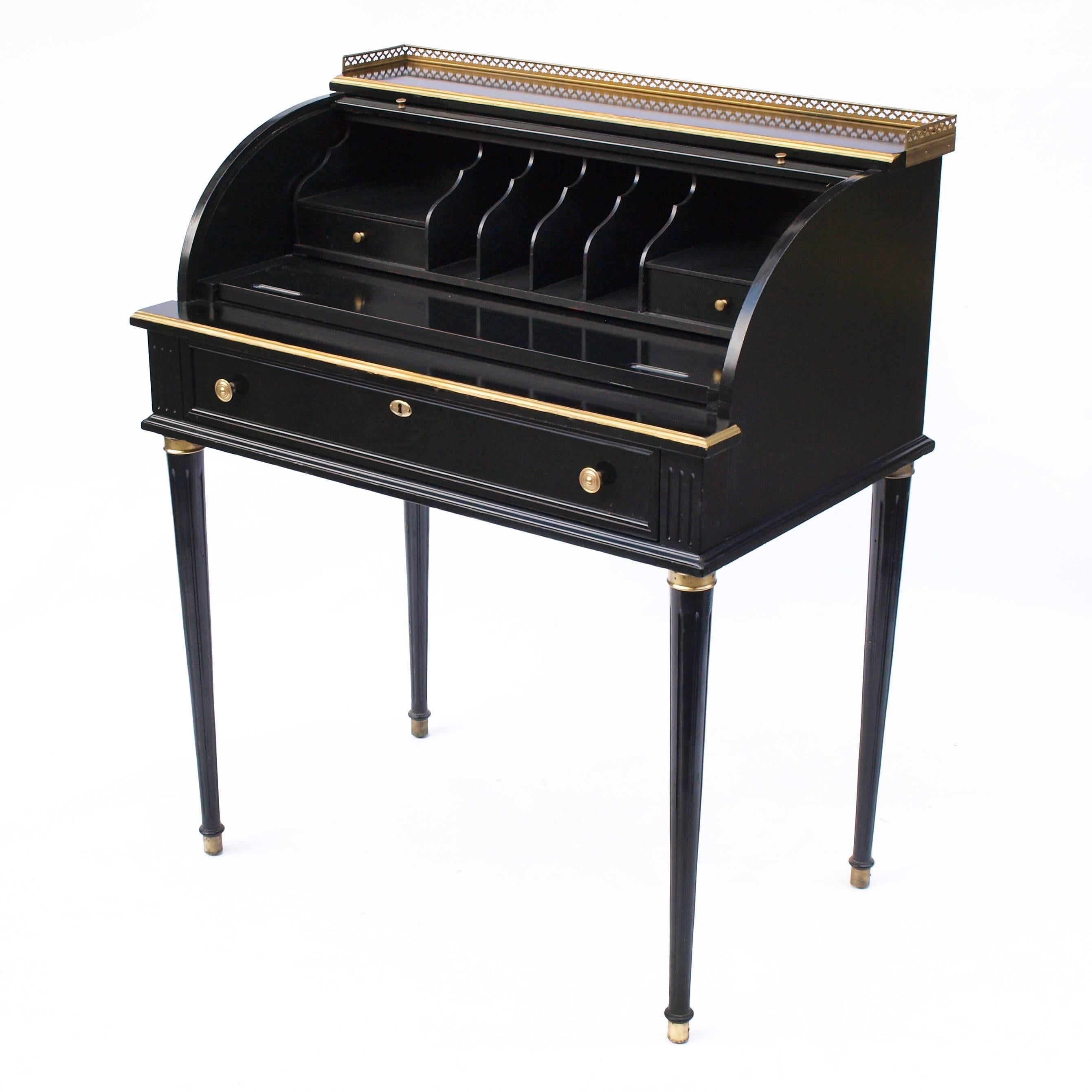 European Early 20th Century Regency Style Black and Gilt Roll Top Desk