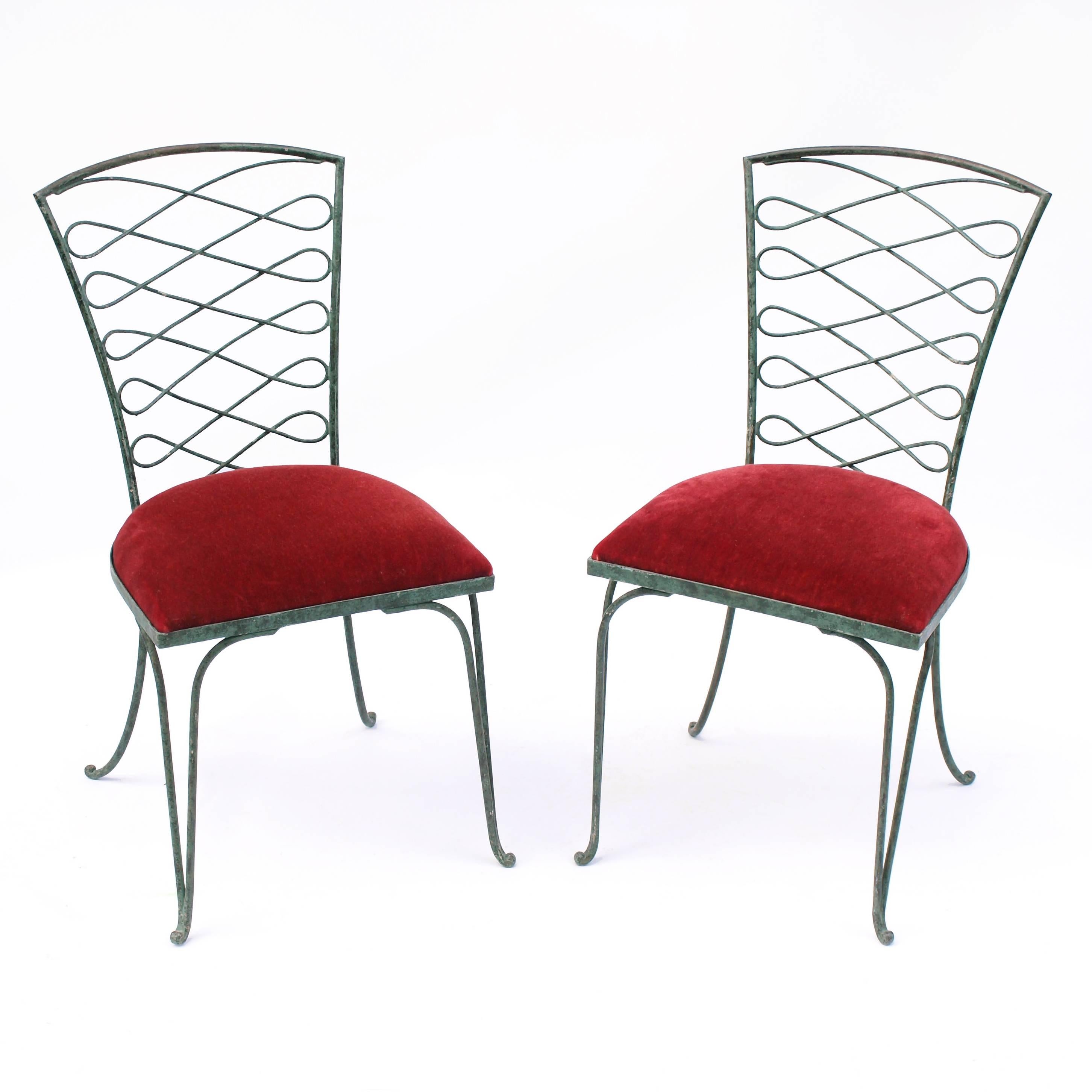 Mid-Century Modern Pair of René Prou Verdigris Iron Chairs