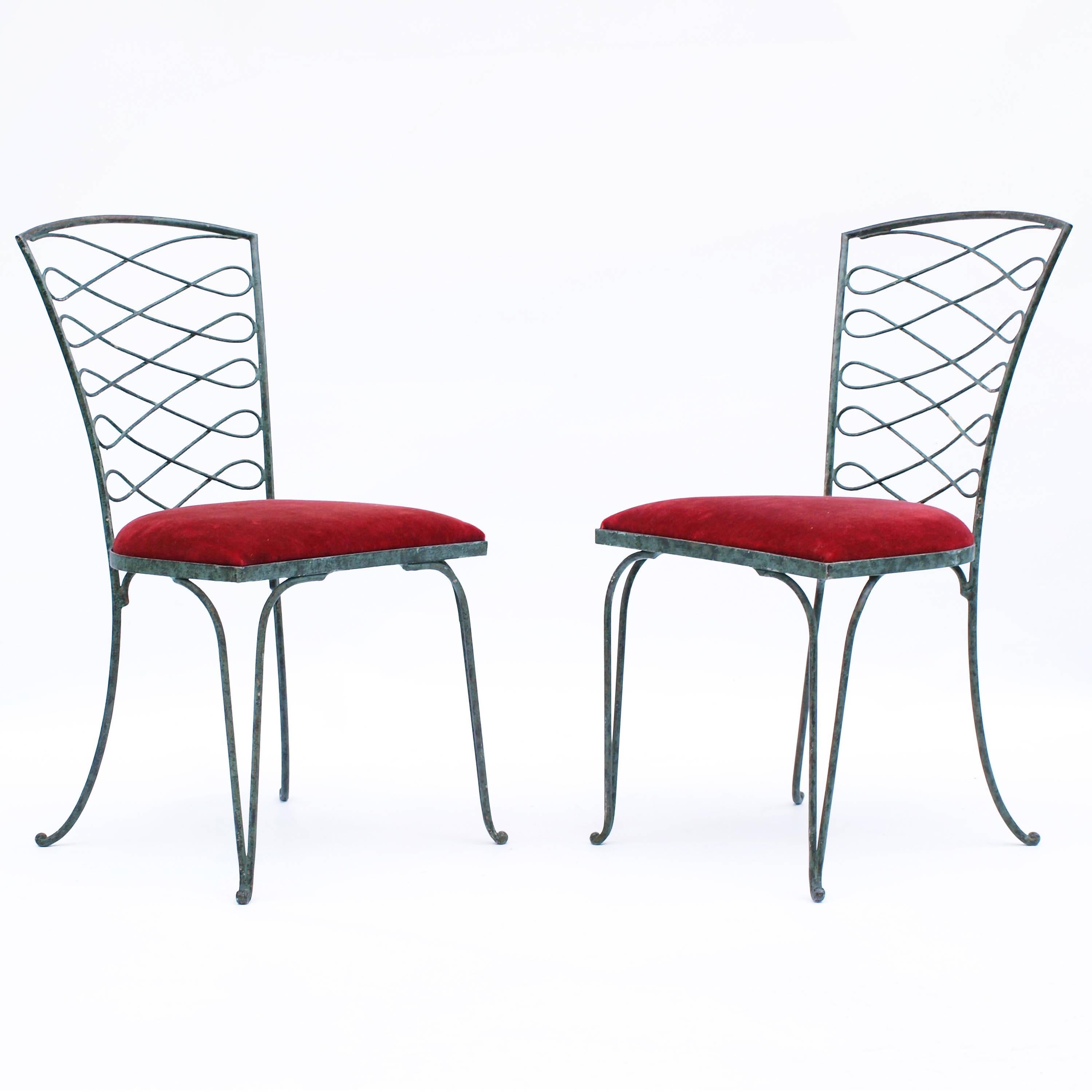 French Pair of René Prou Verdigris Iron Chairs