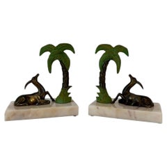Pair of French Art Deco Bookends with Gazelles and Palm Trees, 1930s
