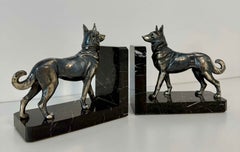 French Art Deco Bookends with Wolf Dogs in Silver Patinated Metal, 1930s