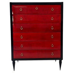 Italian Art Deco Chest of Drawers in Cherry Red Parchment, Black Lacquer, 1950s