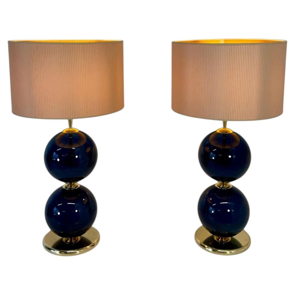 Murano Glass Lamps with Blue Spheres and Ivory Lampshades For Sale