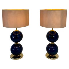 Murano Glass Lamps with Blue Spheres and Ivory Lampshades