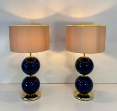 Murano Glass Lamps with Blue Spheres and Ivory Lampshades