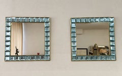 Pair of Handmade Aqua-Blue Murano Glass Cube Mirrors with Brass Frame