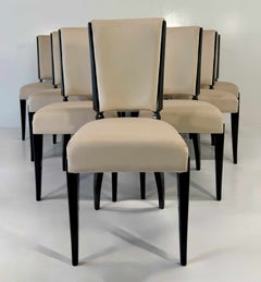 Set of Ten French Late Art Deco Dining Chairs in Black Lacquer and Beige Velvet