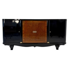 Leleu inspired French Art Deco Black Lacquered and Inlaid Walnut Sideboard, 40s