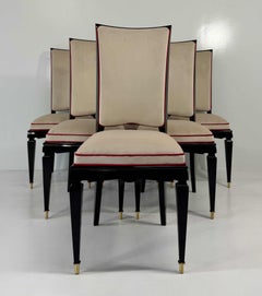 Set of Six French Art Deco Chairs, Black Lacquer and Ivory Velvet with Red Trim
