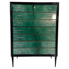 Italian Art Deco Seven-Drawer Chest in Aquamarine Parchment, Black Lacquer, 50s