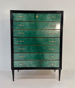 Italian Art Deco Seven-Drawer Chest in Aquamarine Parchment, Black Lacquer, 50s