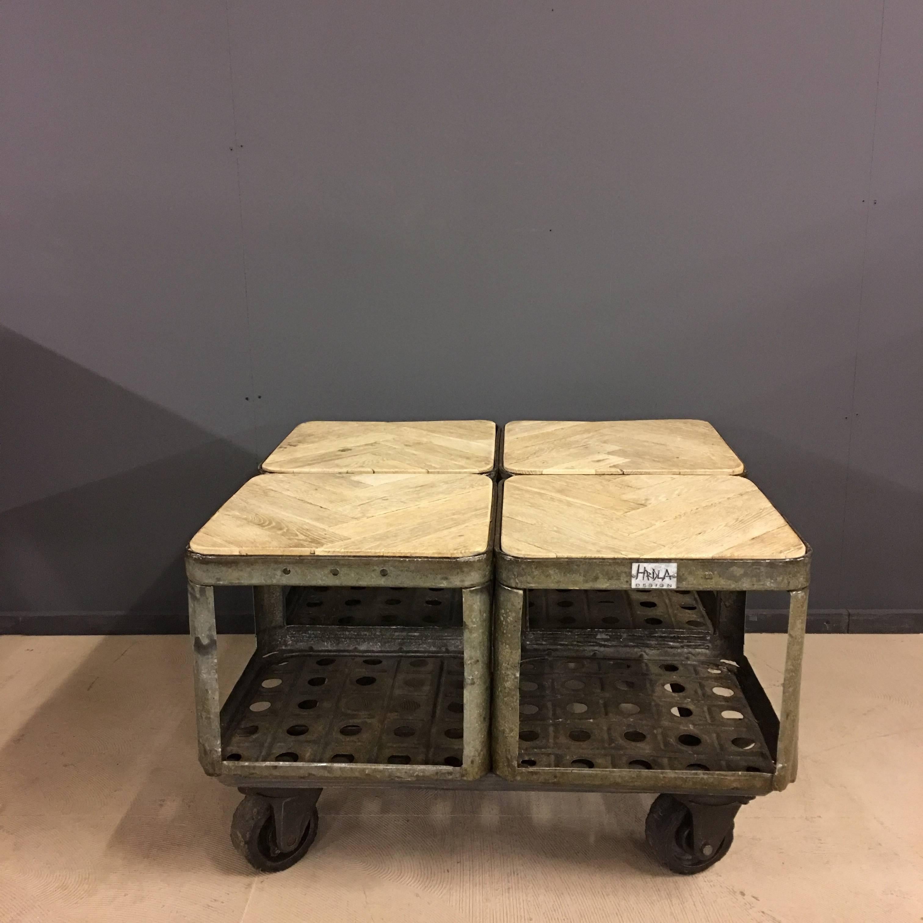 Square Industrial coffee table by Hrdla Design. Made of vintage Zinc crates and old oak.