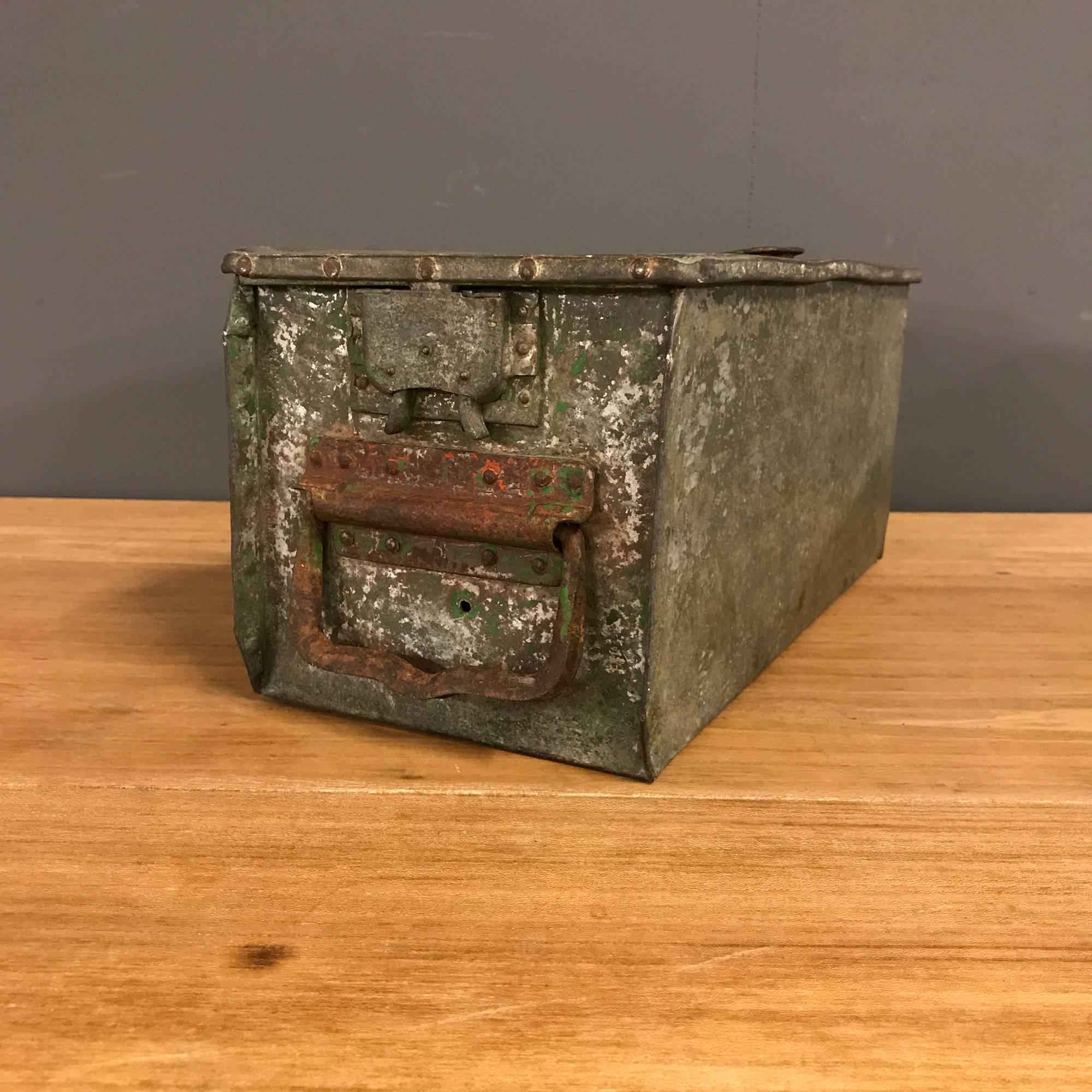 Ammo box WWI German Machine Gun 08. Both have original distressed paint and remain in good condition. The locks are in working order. Two items available.