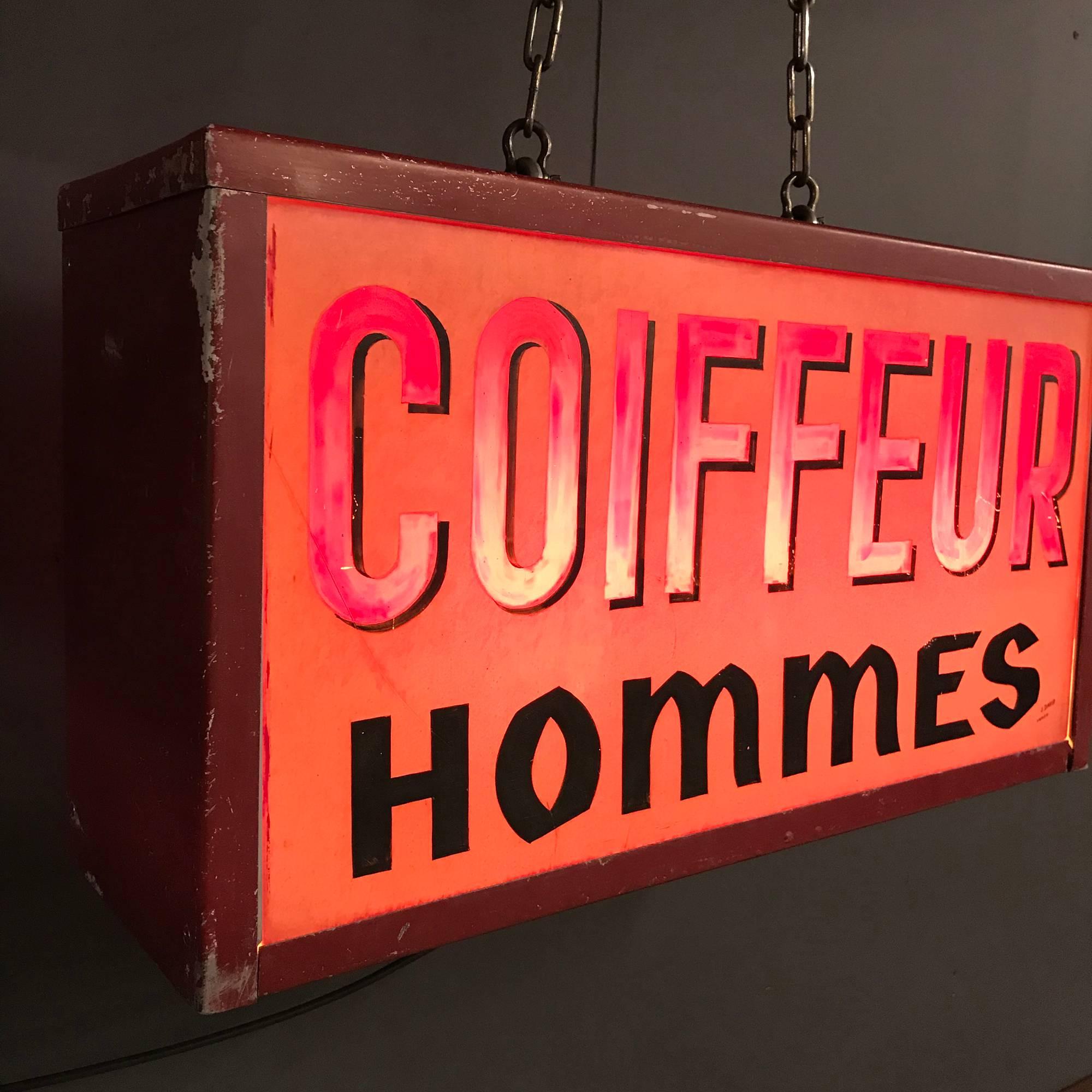 French Double Sided Barber Sign with Lighting For Sale