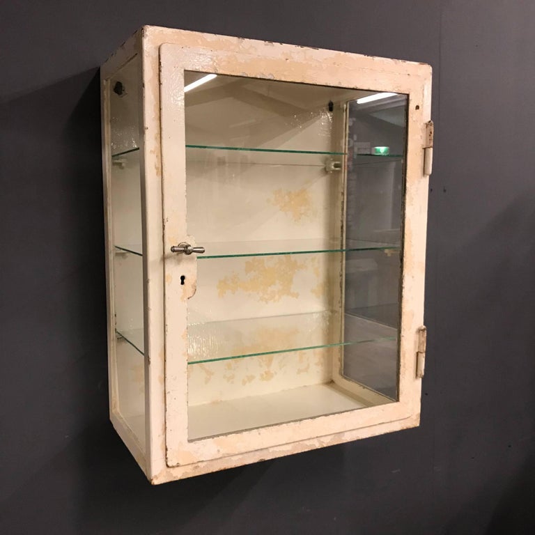 White Metal Medicine Vitrine Wall with Lock Handle, France