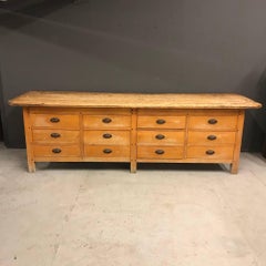 Yellow Bakery Table Bank of Drawers Cast Iron Handles Belgium Early 20th Century