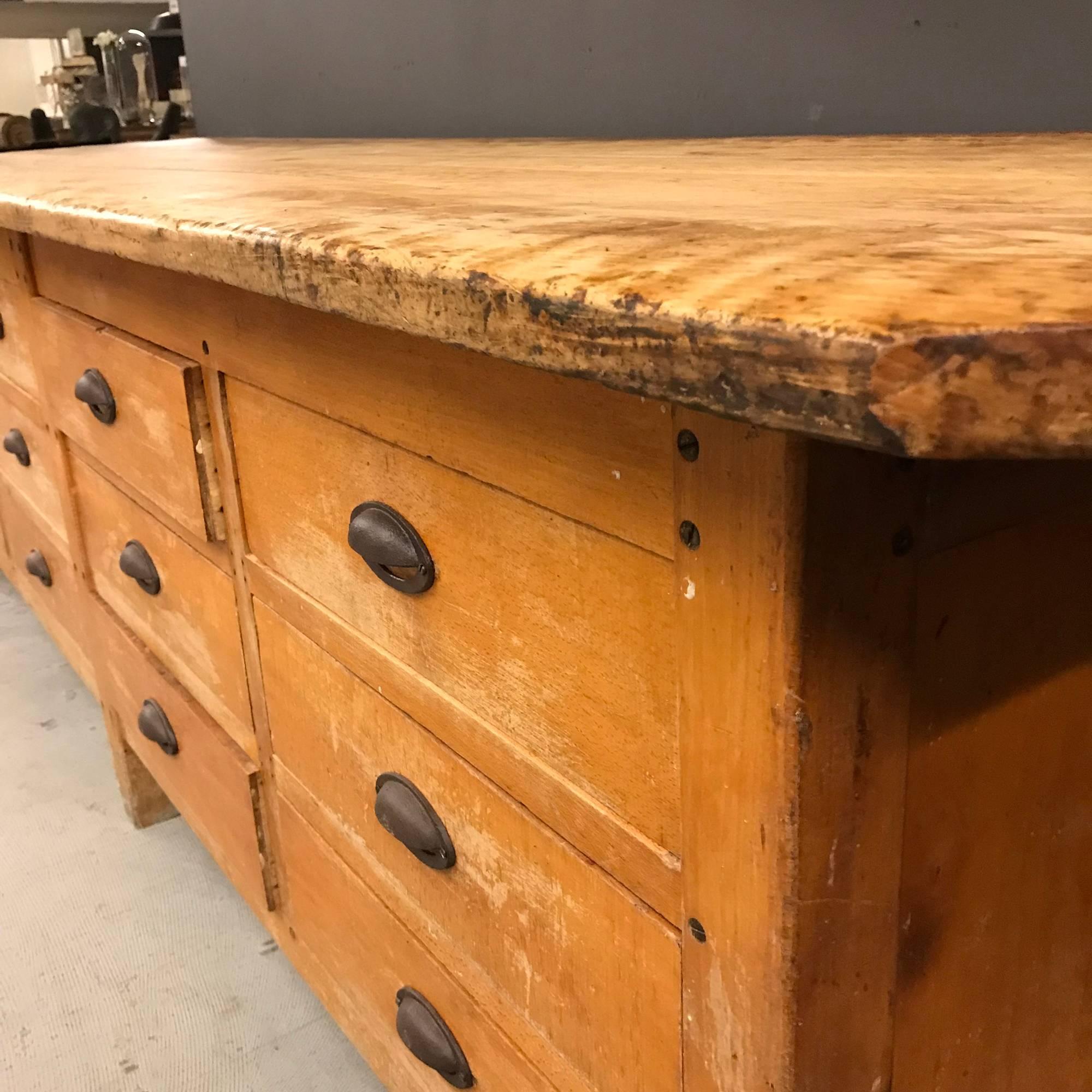 Wood Yellow Bakery Table Bank of Drawers Cast Iron Handles Belgium Early 20th Century For Sale