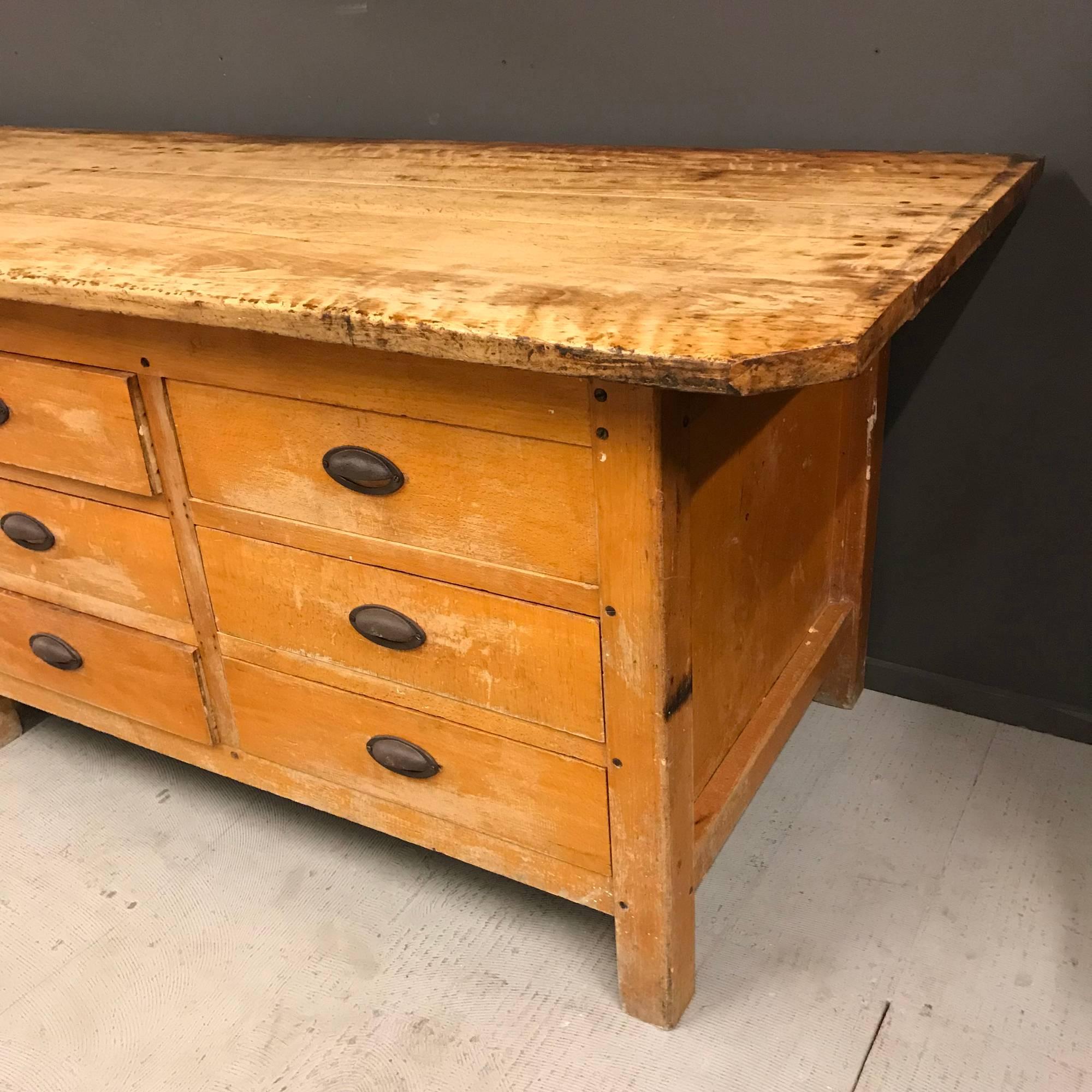Yellow Bakery Table Bank of Drawers Cast Iron Handles Belgium Early 20th Century For Sale 1