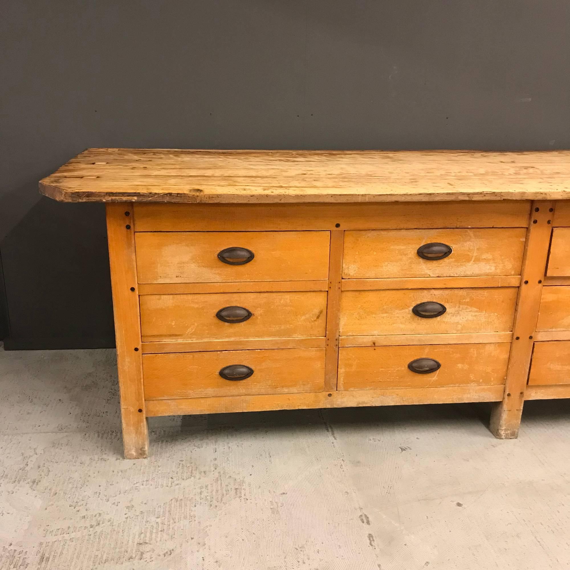 Belgian Yellow Bakery Table Bank of Drawers Cast Iron Handles Belgium Early 20th Century For Sale