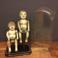 Rare Pair of Antique Vietnamese Puppets 19th Century under Antique Glass Dome