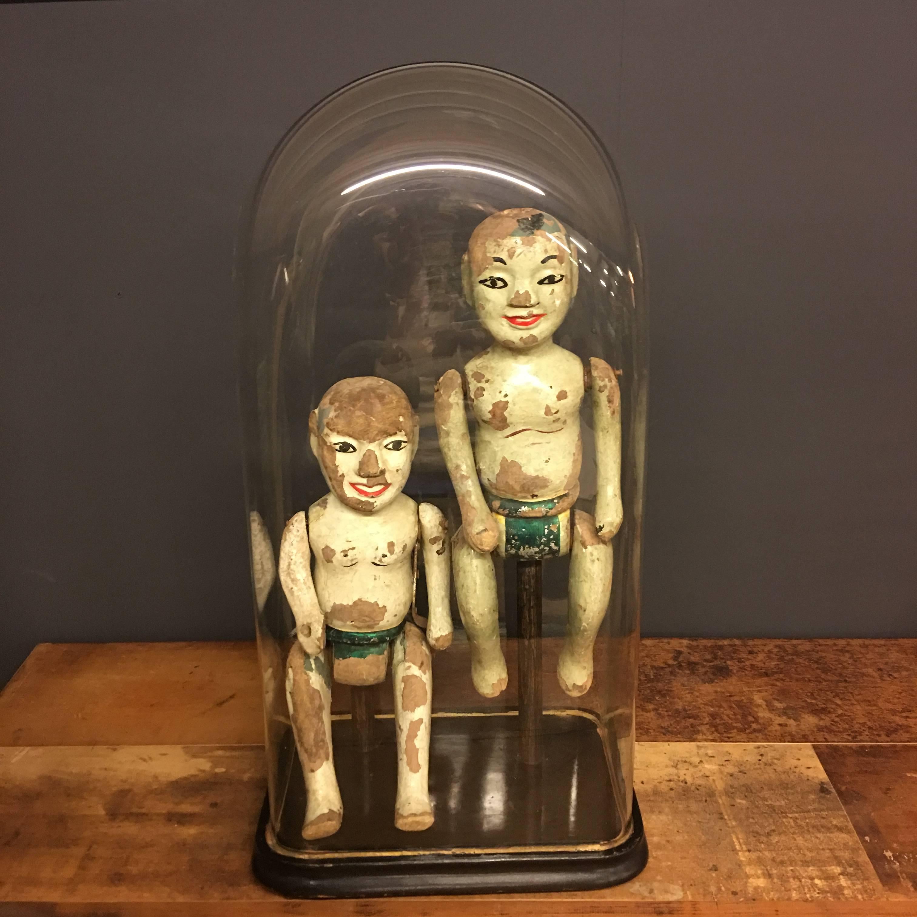 Rare Pair of Antique Vietnamese Puppets 19th Century under Antique Glass Dome For Sale 3