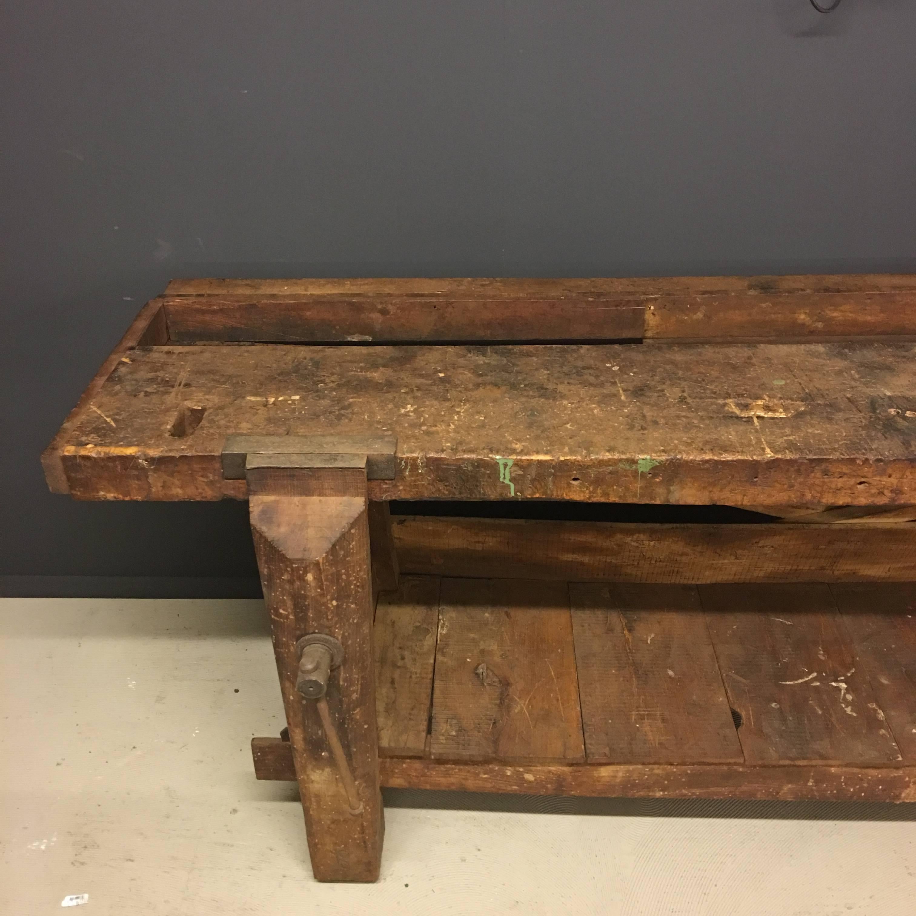 This Industrial wooden workbench is made in France during the 19th century.
Cleaned, but left in untouched condition. Its wood has a great Industrial look; this workbench could be used as an console table in an Industrial Loft.
With signs of use