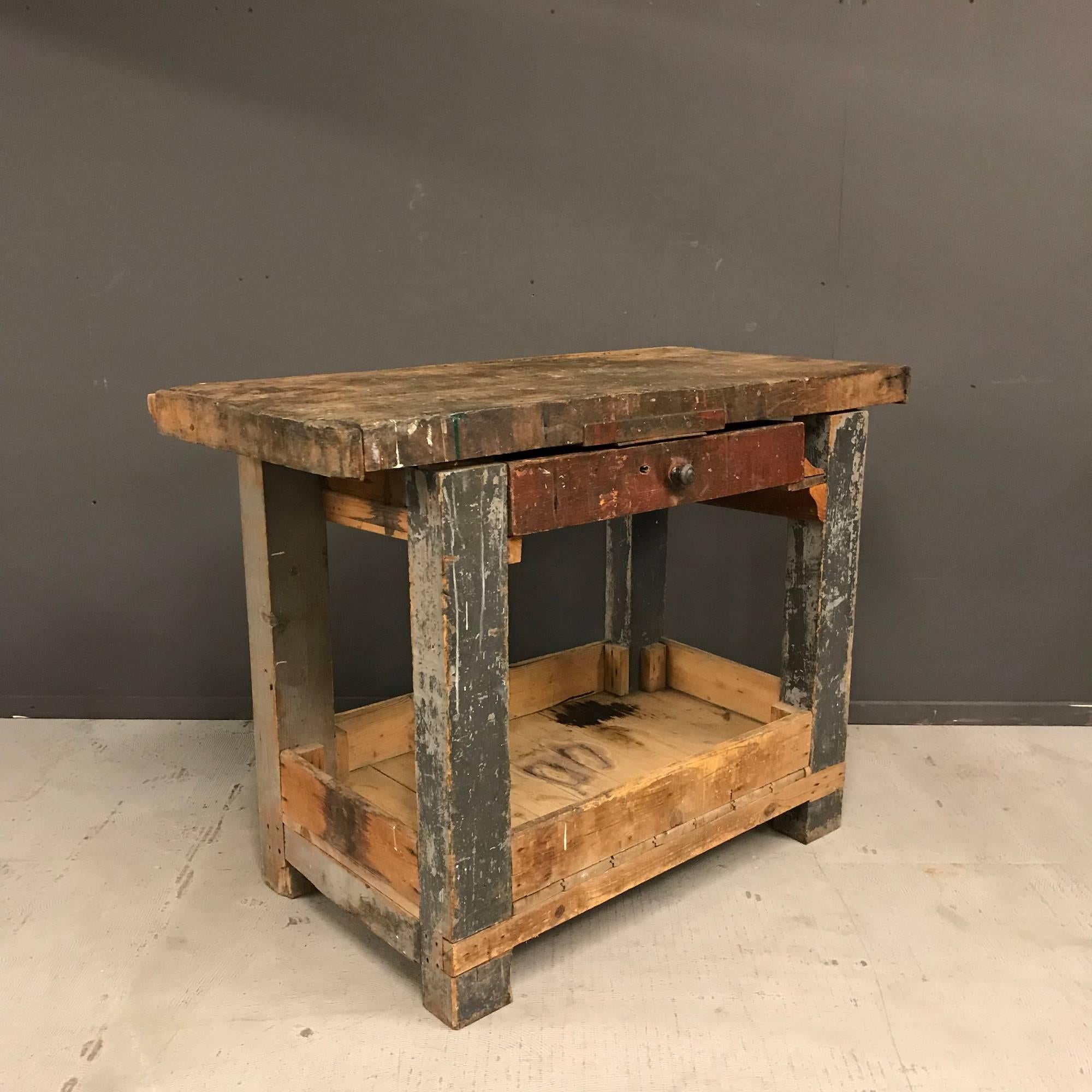 Small Work Bench with Oak Top and Drawer, France, Early 20th Century For Sale 4