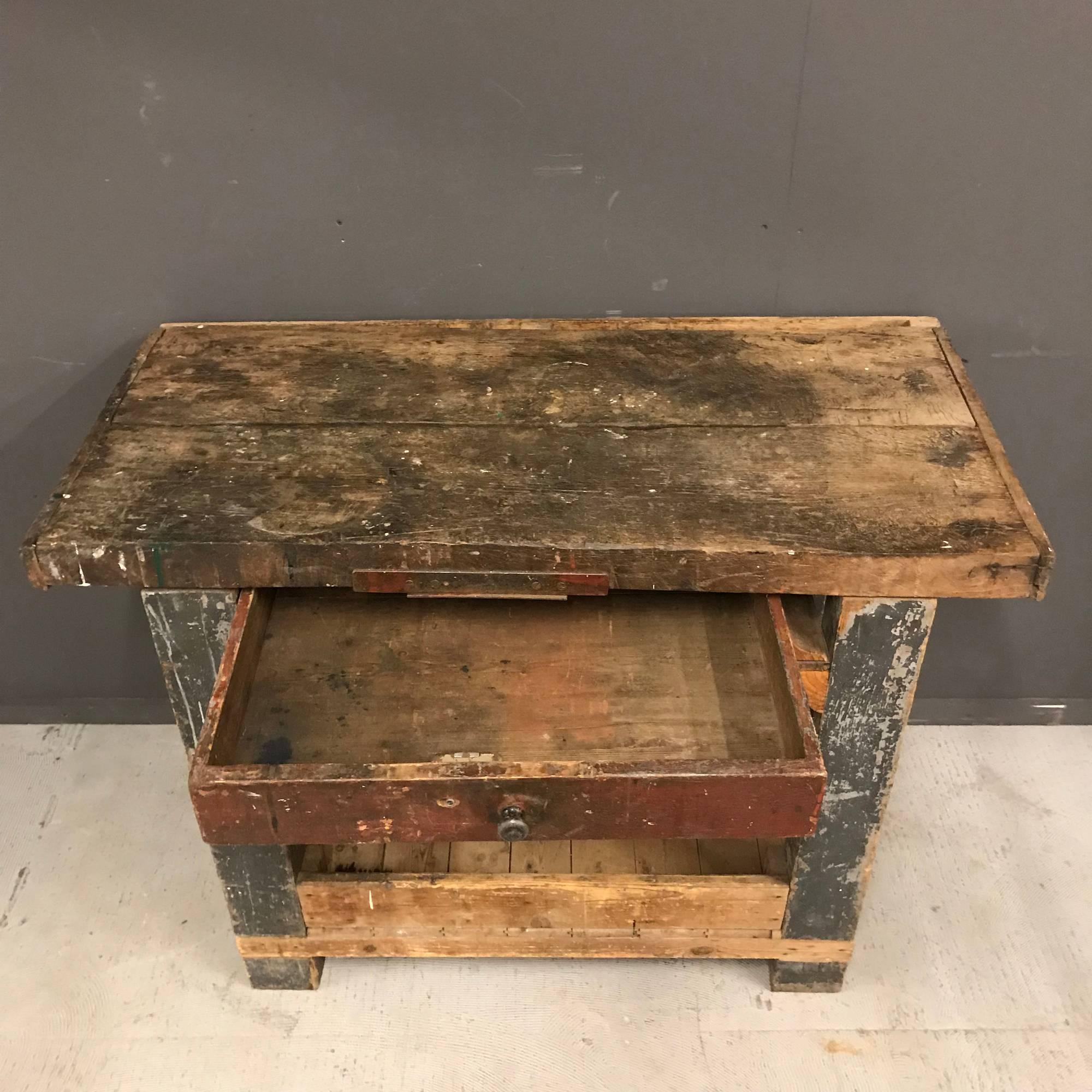 Small Work Bench with Oak Top and Drawer, France, Early 20th Century For Sale 3