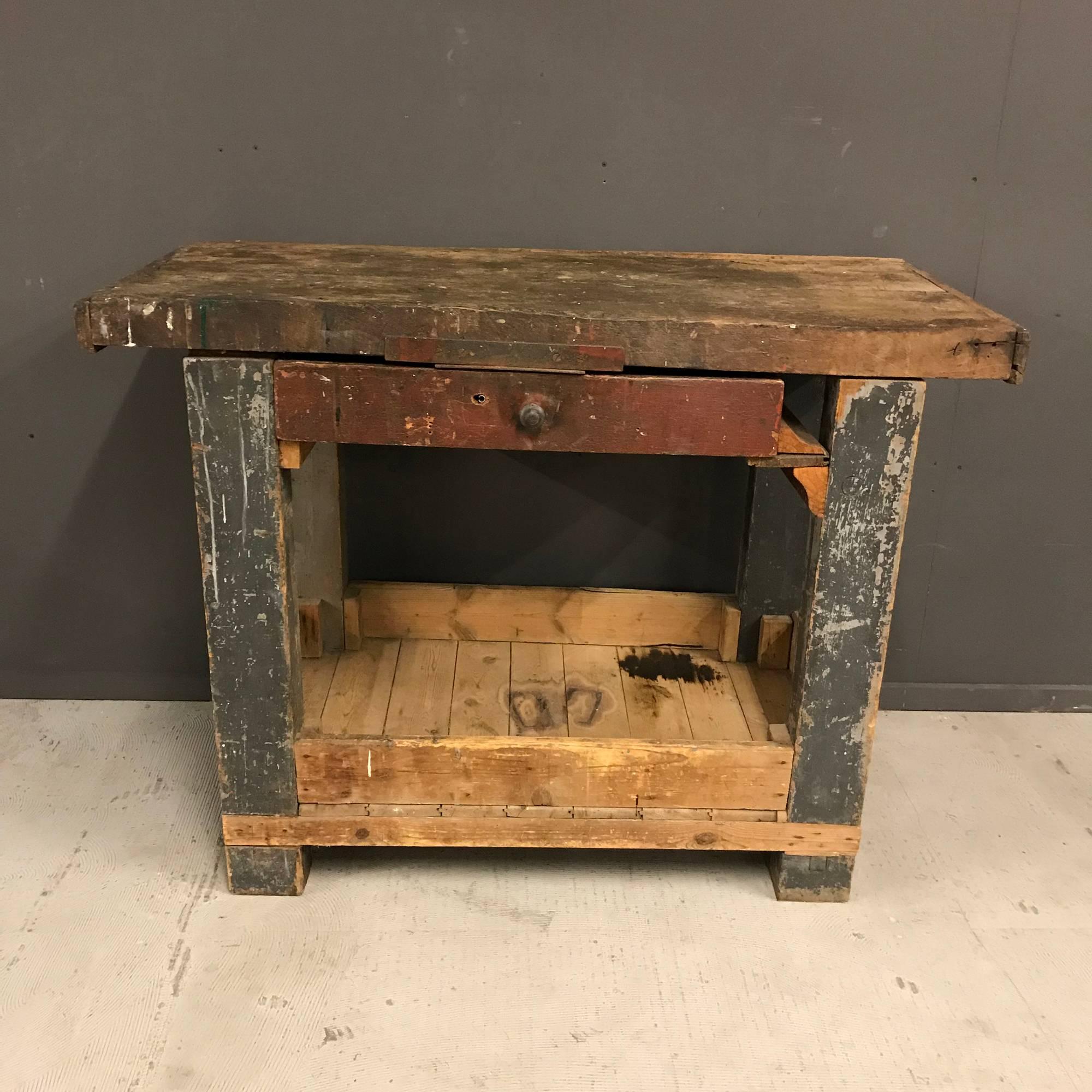Small Work Bench with Oak Top and Drawer, France, Early 20th Century For Sale 2