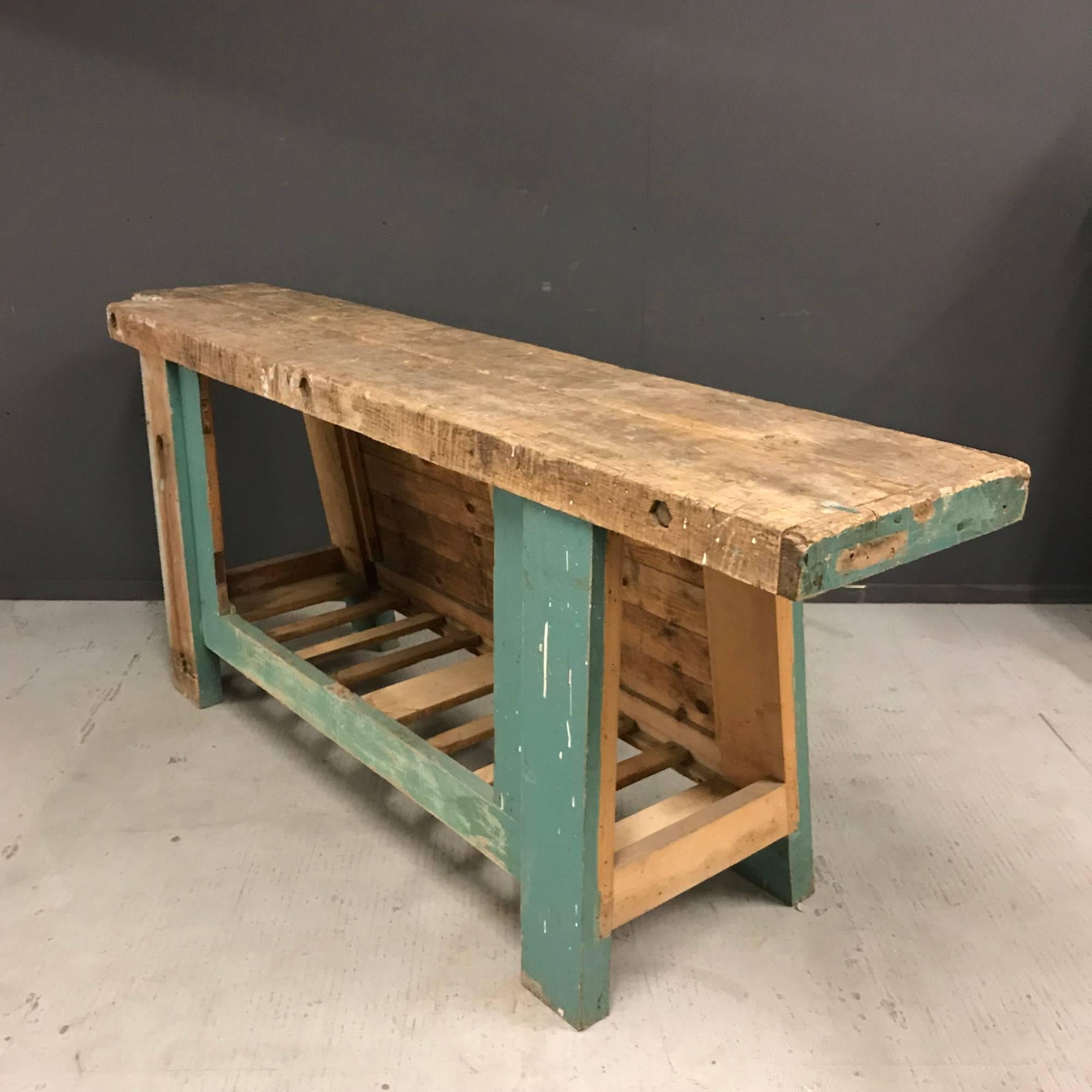 Industrial French Blue Carpenters Workbench, Early 20th Century For Sale