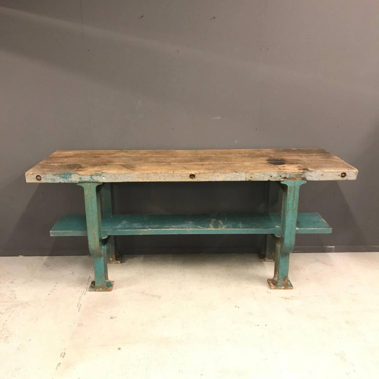 Industrial Workbench with Blue Cast Iron Base For Sale 1