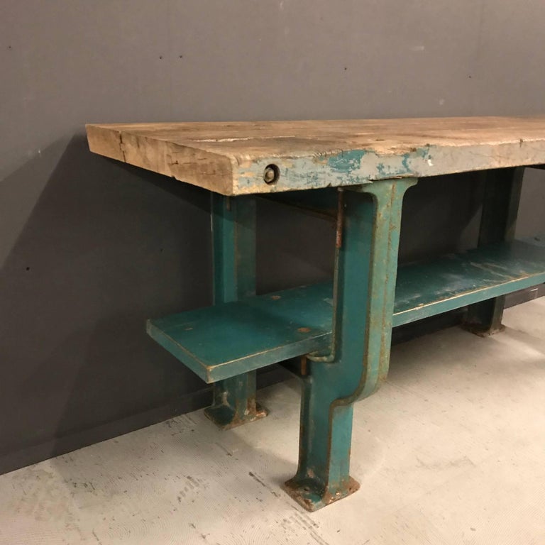 Wood Industrial Workbench with Blue Cast Iron Base For Sale