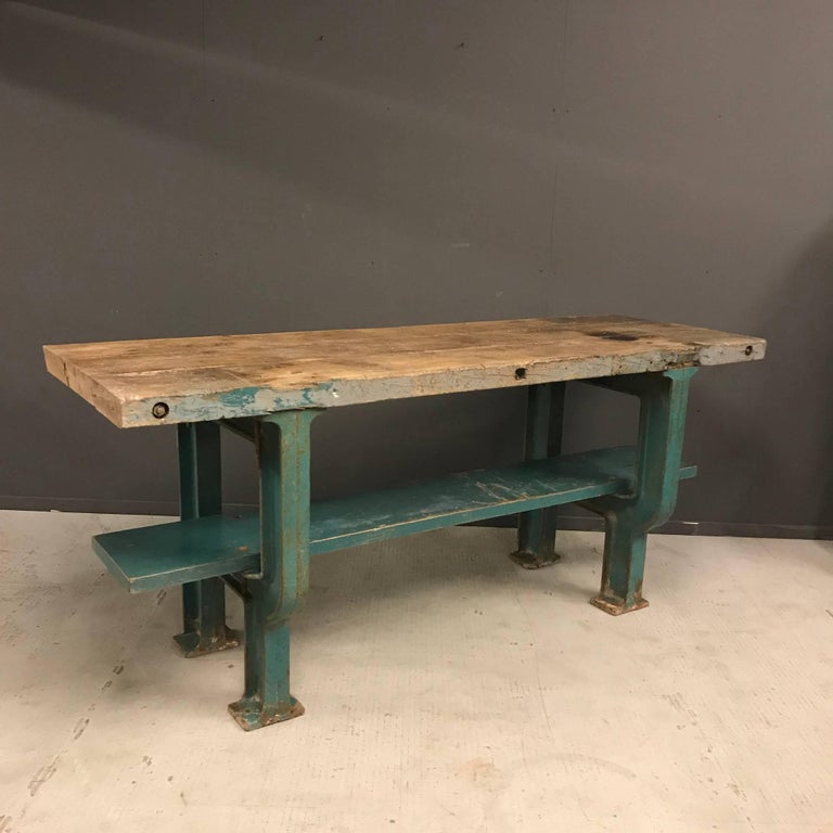 Industrial Workbench with Blue Cast Iron Base For Sale 2
