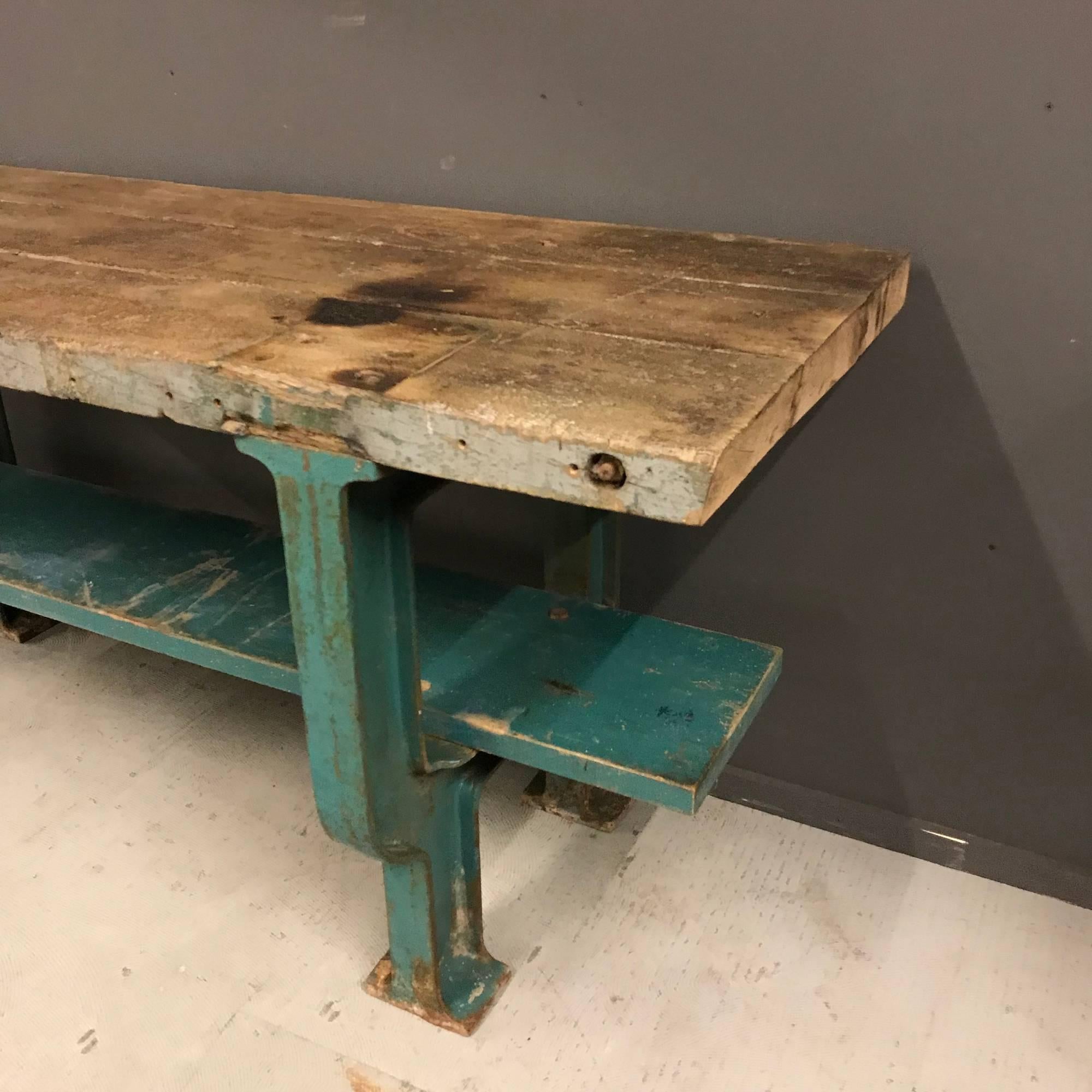 French Industrial Workbench with Blue Cast Iron Base For Sale