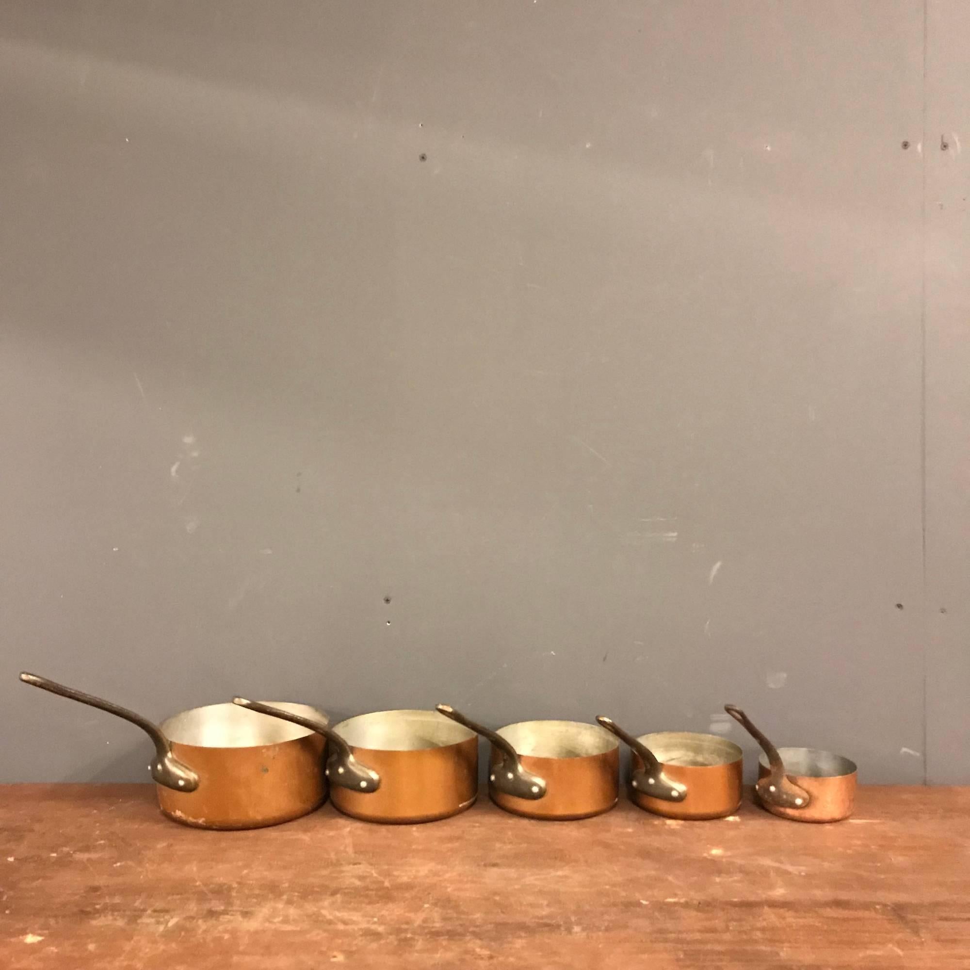 Cast Retinned Antique Copper Pans Set of Five For Sale