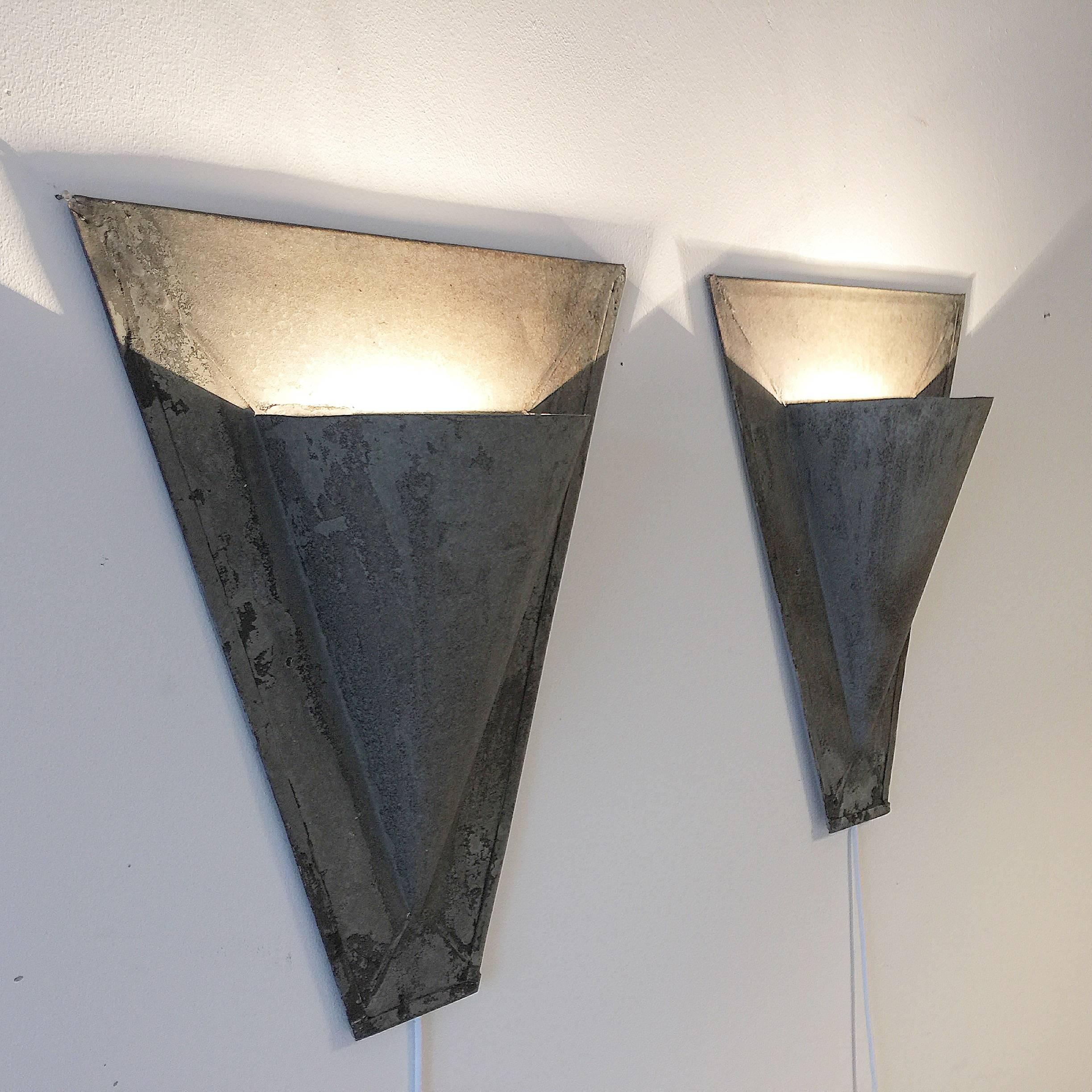 19th century zinc galvanized architectural building elements converted into a stunning pair of up lighters. Please note these lights are wired for the UK only and will require conversion to your countries specific standards.